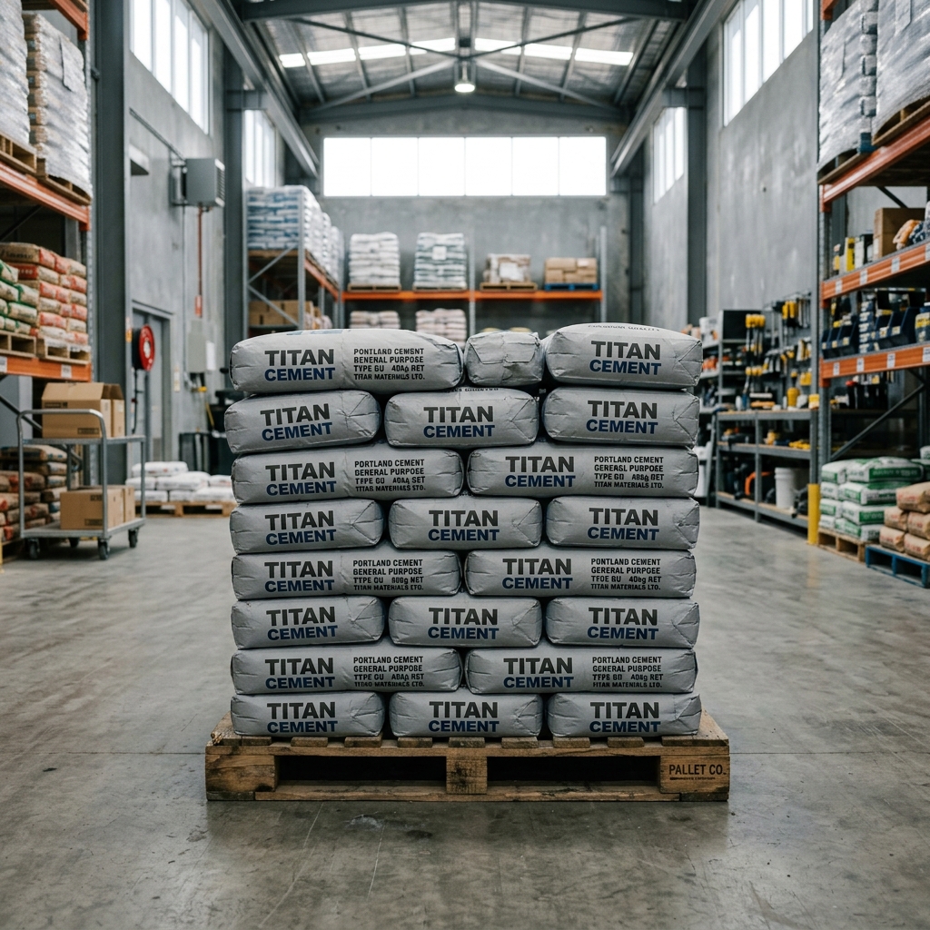 Grey cement bags stacked on a wooden pallet in a warehouse - Potencial Lar