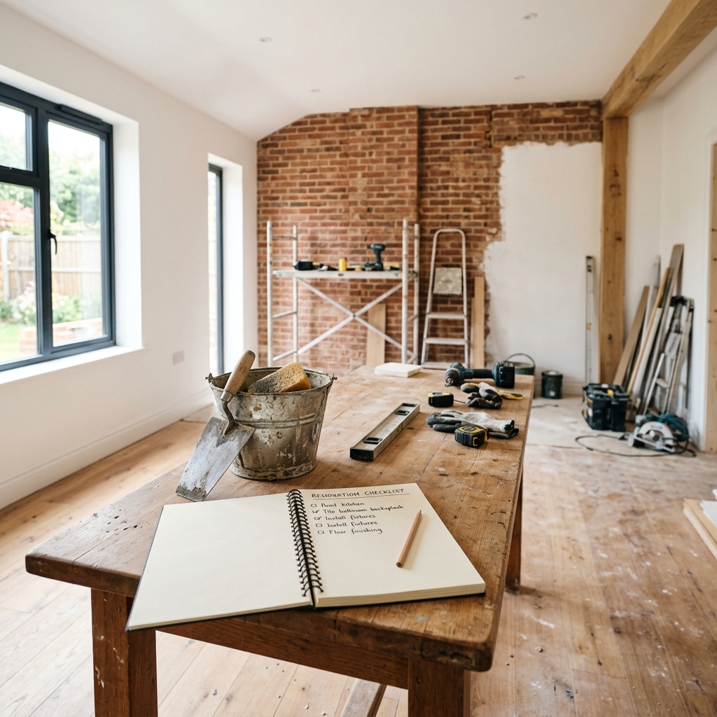 Renovation checklist and construction tools on a table - Potencial Lar SP